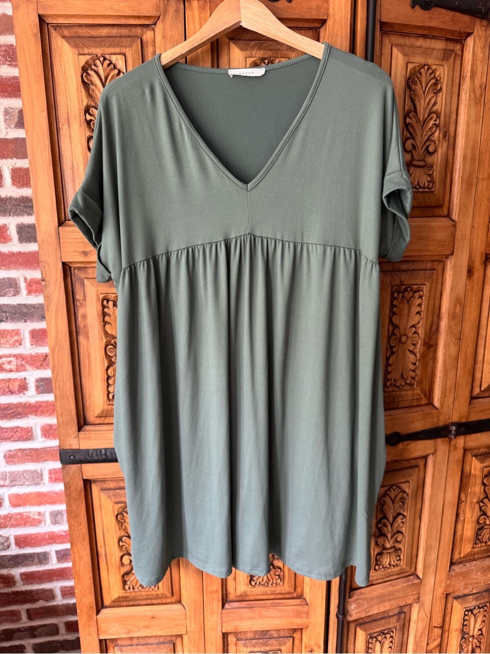 entro Olive Green V-Neck Gathered Dress